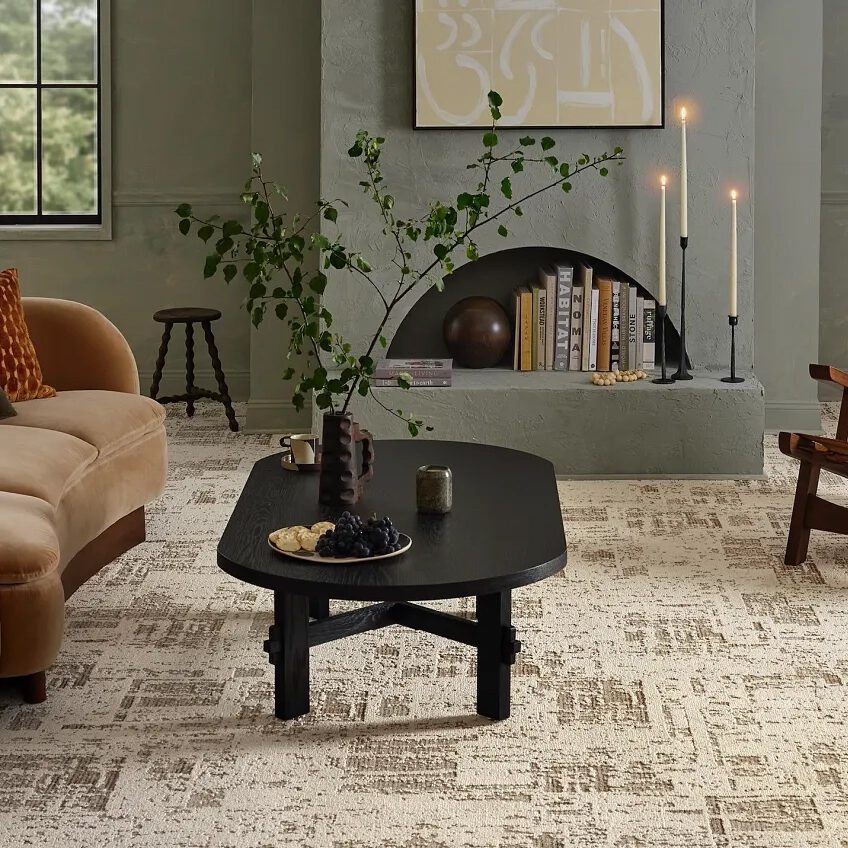 Cozy living room with patterned beige carpet, black round coffee table, and bookshelves.